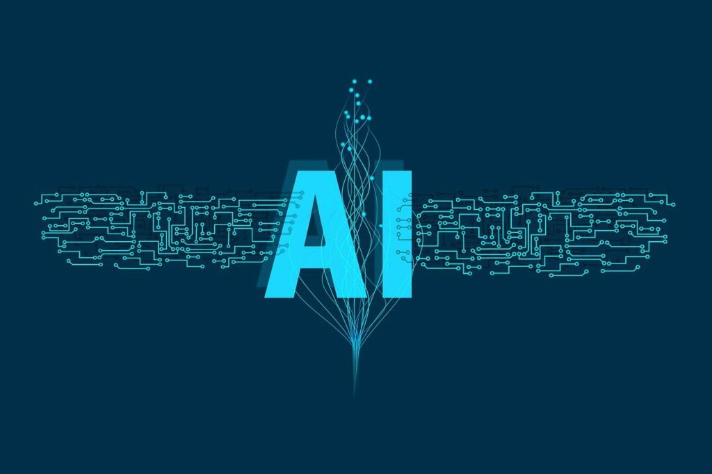 La sigla "AI" dell'intelligenza artificiale in azzurro su sfondo blu scuro con collegamenti di circuiti decorativi azzurri